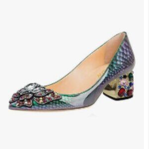YDN Snake Print Pointed Toe Bow Pumps Rhinestone Block Low Heel Butterfly Shoes